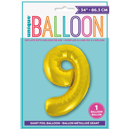 Gold 9 Number Foil Balloon 34"