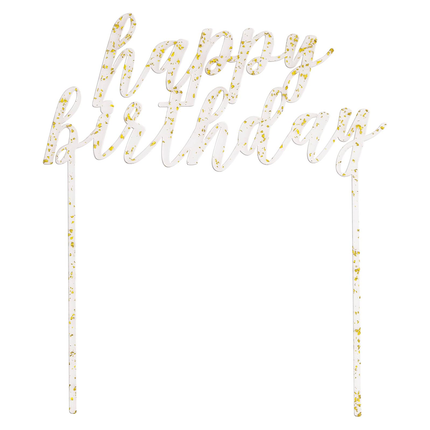 Gold Foil Flecks Happy Birthday Clear Acrylic Cake Topper - 6" x 9"