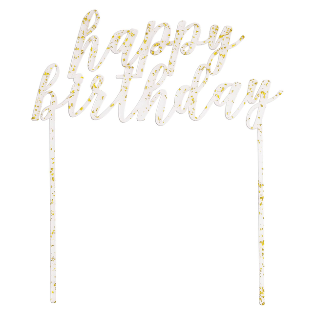 Gold Foil Flecks Happy Birthday Clear Acrylic Cake Topper - 6" x 9"