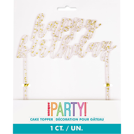 Gold Foil Flecks Happy Birthday Clear Acrylic Cake Topper - 6" x 9"
