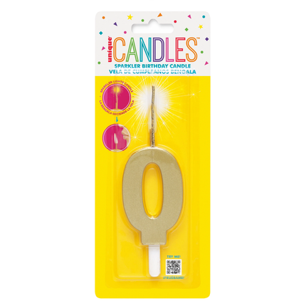Gold Number 0 Sparkler-Topped Birthday Candle