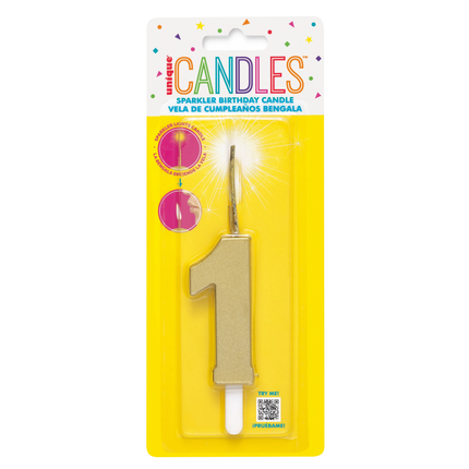 Gold Number 1 Sparkler-Topped Birthday Candle