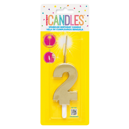 Gold Number 2 Sparkler-Topped Birthday Candle