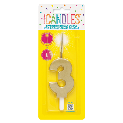 Gold Number 3 Sparkler-Topped Birthday Candle