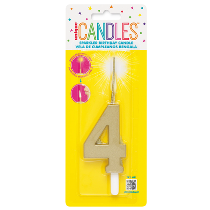 Gold Number 4 Sparkler-Topped Birthday Candle