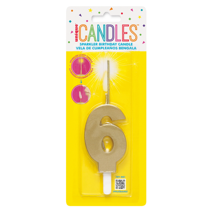 Gold Number 6 Sparkler-Topped Birthday Candle