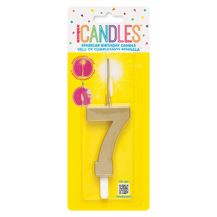Gold Number 7 Sparkler-Topped Birthday Candle
