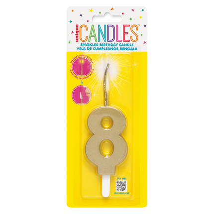 Gold Number 8 Sparkler-Topped Birthday Candle