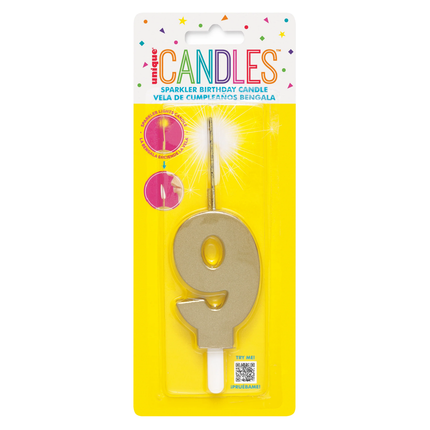 Gold Number 9 Sparkler-Topped Birthday Candle