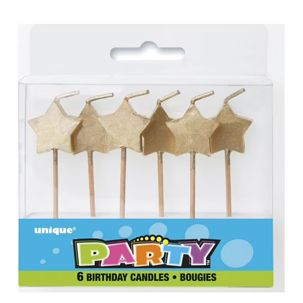 Gold Star Pick Birthday Candles, 6ct