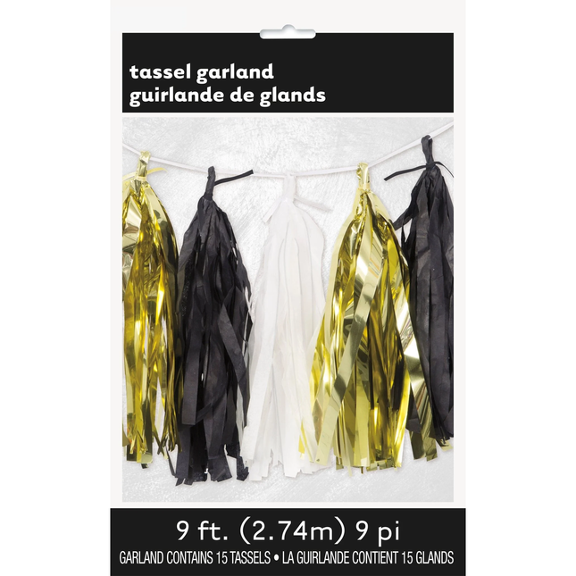 Gold, Black and White Tissue Tassel Garland, 9 ft