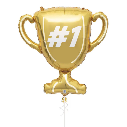 Gold trophy-shaped balloon with '#1' on a white background