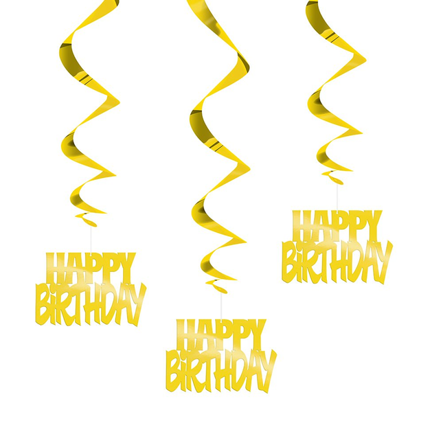 Happy Birthday Gold Hanging Swirl Decorations, 32", 3ct