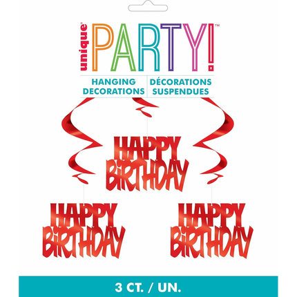 Happy Birthday Red Hanging Swirl Decorations, 32", 3ct