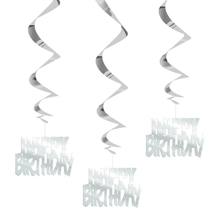 Happy Birthday Silver Hanging Swirl Decorations, 32", 3ct