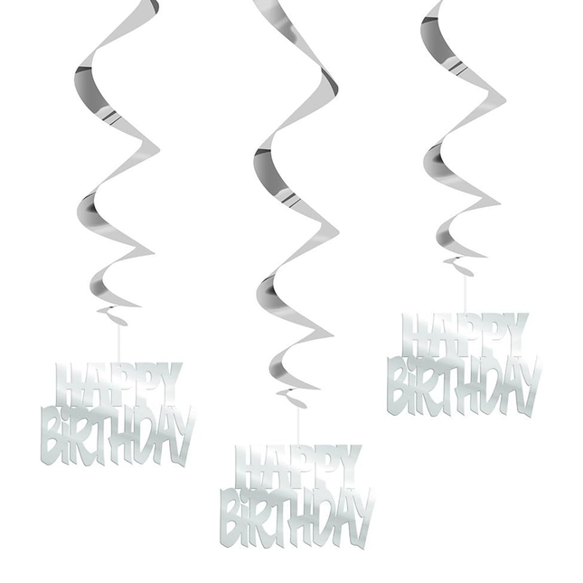 Happy Birthday Silver Hanging Swirl Decorations, 32", 3ct