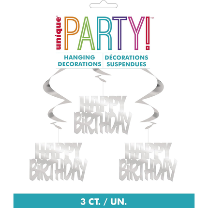 Happy Birthday Silver Hanging Swirl Decorations, 32", 3ct
