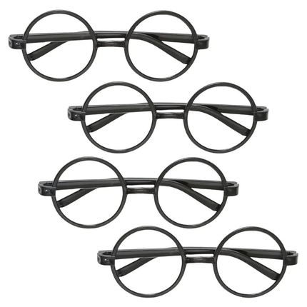 Set of five black round eyeglasses on a white background