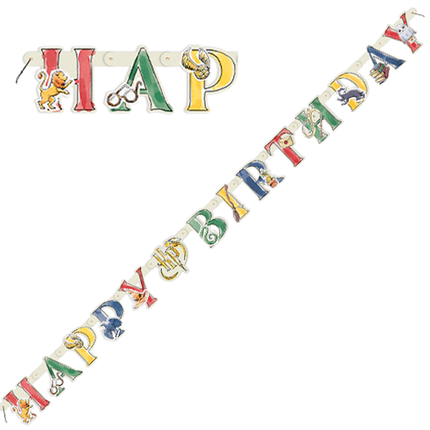 Colorful 'Happy Birthday' banner with cartoon characters on a white background