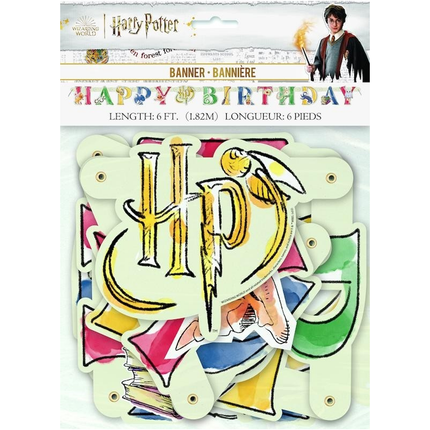 Harry Potter-themed birthday banner with colorful design and 'HP' initials.