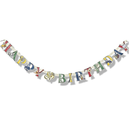Colorful 'Happy Birthday' banner with cartoon character designs on a white background