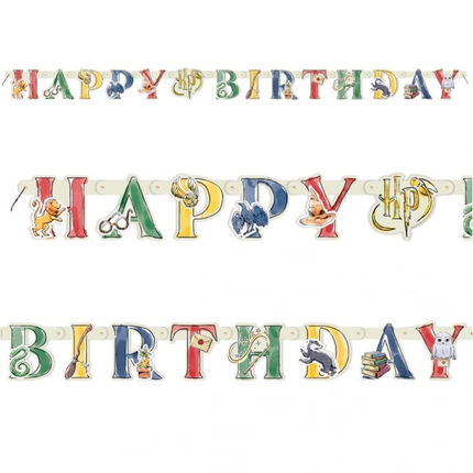 Colorful 'Happy Birthday' banner with cartoon characters on a white background