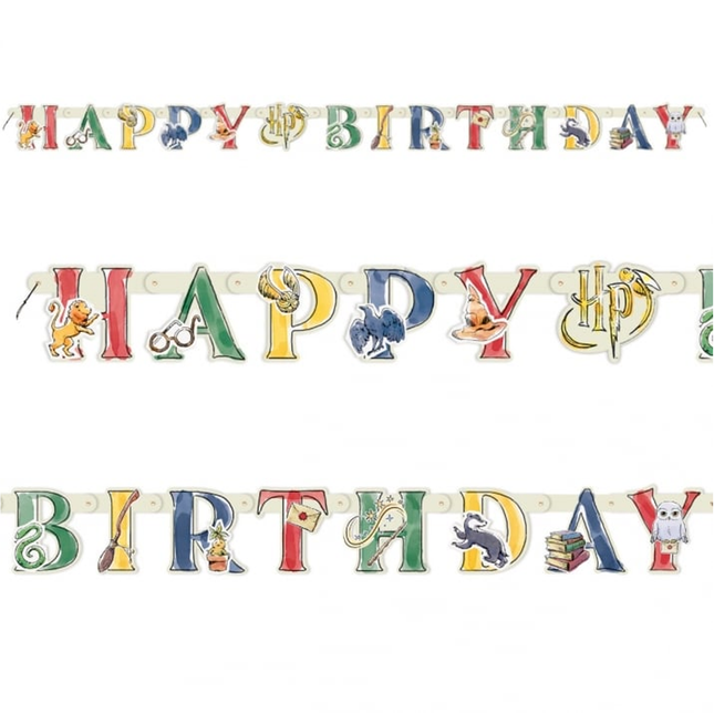 Colorful 'Happy Birthday' banner with cartoon characters on a white background
