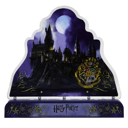 Decorative stand with Harry Potter design featuring Hogwarts castle and logo.