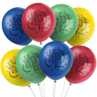 Set of Harry Potter-themed balloons in red, blue, green, and yellow on a white background.