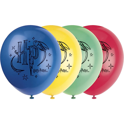 Four balloons in blue, yellow, green, and pink with 'Harry Potter' logo.