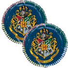 Two round paper plates with Hogwarts crest design on a white background
