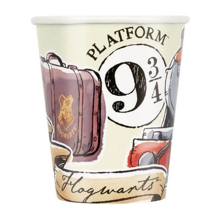 Paper cup with Harry Potter-themed design featuring Platform 9 3/4 and Hogwarts text.
