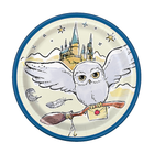 Paper plate with a cartoon owl holding a broomstick and a castle in the background