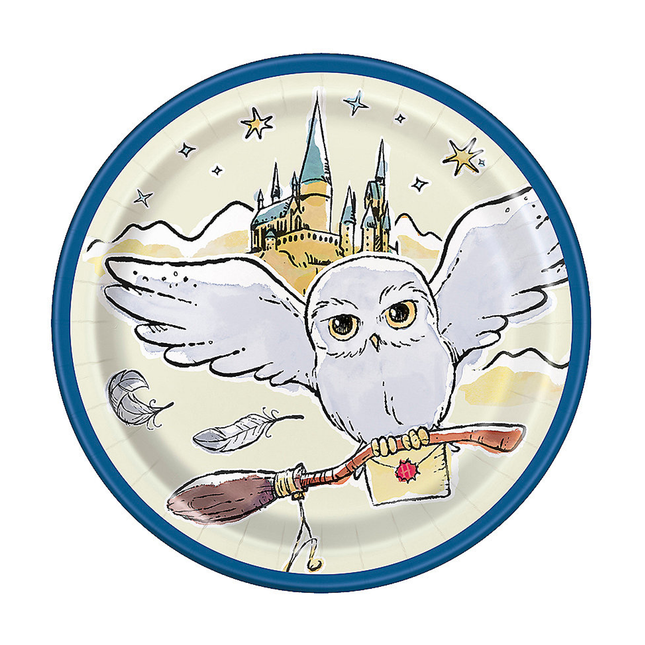 Paper plate with a cartoon owl holding a broomstick and a castle in the background