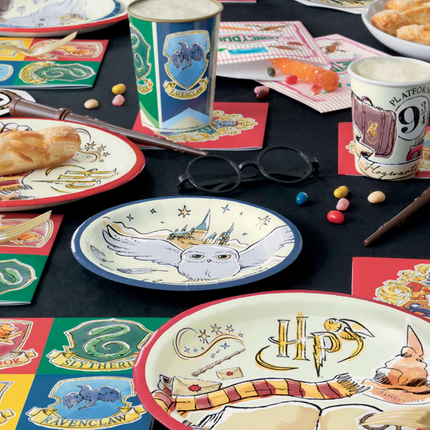 Harry Potter-themed tableware including plates, cups, and napkins on a dark surface.