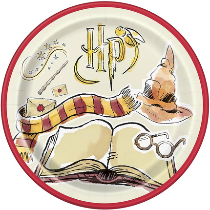 Round plate with Harry Potter-themed design featuring the Hogwarts crest, a broomstick, a scarf, and other elements.