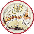 Round plate with Harry Potter-themed design featuring the Hogwarts crest, a broomstick, a scarf, and other elements.