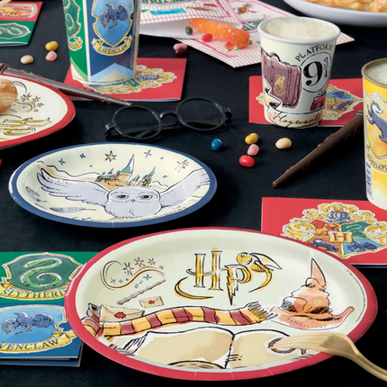 Harry Potter-themed tableware including plates, cups, and napkins with Hogwarts symbols.