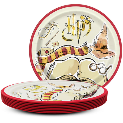 Set of plates with Harry Potter-themed design featuring the Hogwarts logo and other elements.