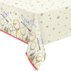 Tablecloth with Harry Potter-themed design featuring owls, brooms, and wands on a white background.