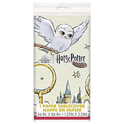 Packaged paper tablecover with Harry Potter design featuring an owl and castle.