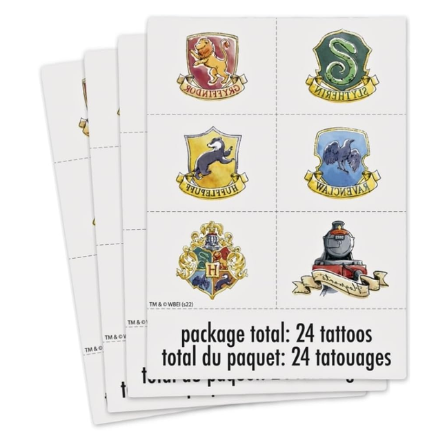 Pack of Harry Potter-themed tattoos with various house crests on a white background.