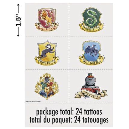 Set of Hogwarts house crests with dimensions and total number of tattoos on a white background