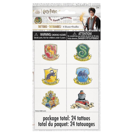 Pack of Harry Potter-themed tattoos with Hogwarts house crests on a white background.