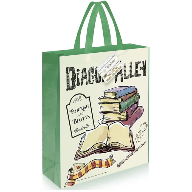 Green tote bag with 'Diagon Alley' design featuring books and a wand on a white background