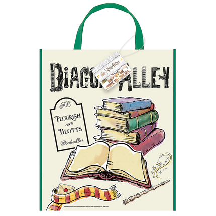 Tote bag with 'Diagon Alley' design featuring books and a wand on a white background