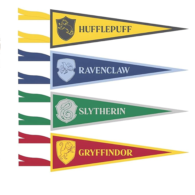 Four pennant flags representing Hufflepuff, Ravenclaw, Slytherin, and Gryffindor with their respective logos on a white background.