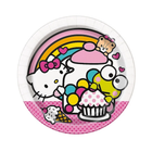 A round paper plate featuring a colorful Hello Kitty and Sanrio character illustration, including a rainbow, cupcakes, hearts, and a pink polka-dot border.