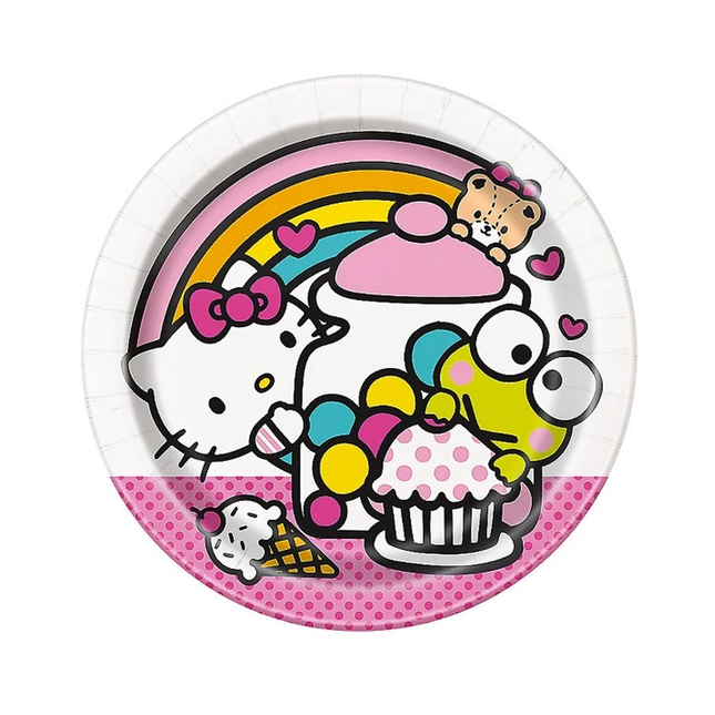 A round paper plate featuring a colorful Hello Kitty and Sanrio character illustration, including a rainbow, cupcakes, hearts, and a pink polka-dot border.