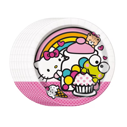 A round paper plate featuring a colorful Hello Kitty and Sanrio character illustration, including Hello Kitty, a cupcake, a frog character, hearts, and a rainbow, shown on a plain white background.